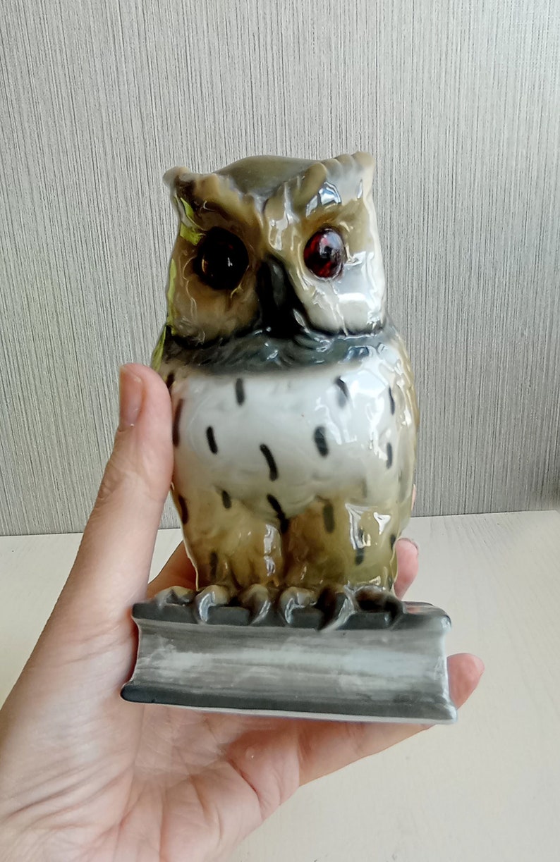 Vintage porcelain lamp figurine Owl on book GDR 40s image 1