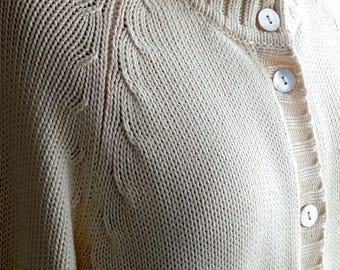 Vintage Lands' End Cream Cotton Cardigan Sweater XL Ivory Chunky Knit Button Down Coastal Grandma Aesthetic Plus Size Women's