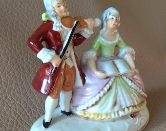 Vintage German Foreign Porcelain Figurine of a violinist and a lady in waiting Victorian Miniature