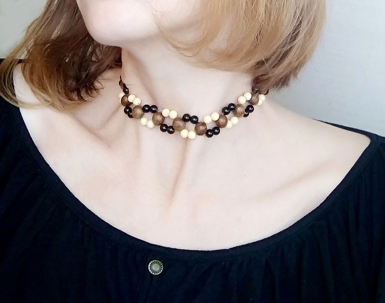 Beaded choker women's jewelry boho style 80s vintage brown wood beads elegant necklace original gift image 1