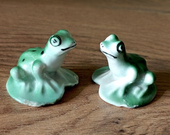 Frog vintage porcelain figurines USSR Set of 2 miniature sculpture 50s