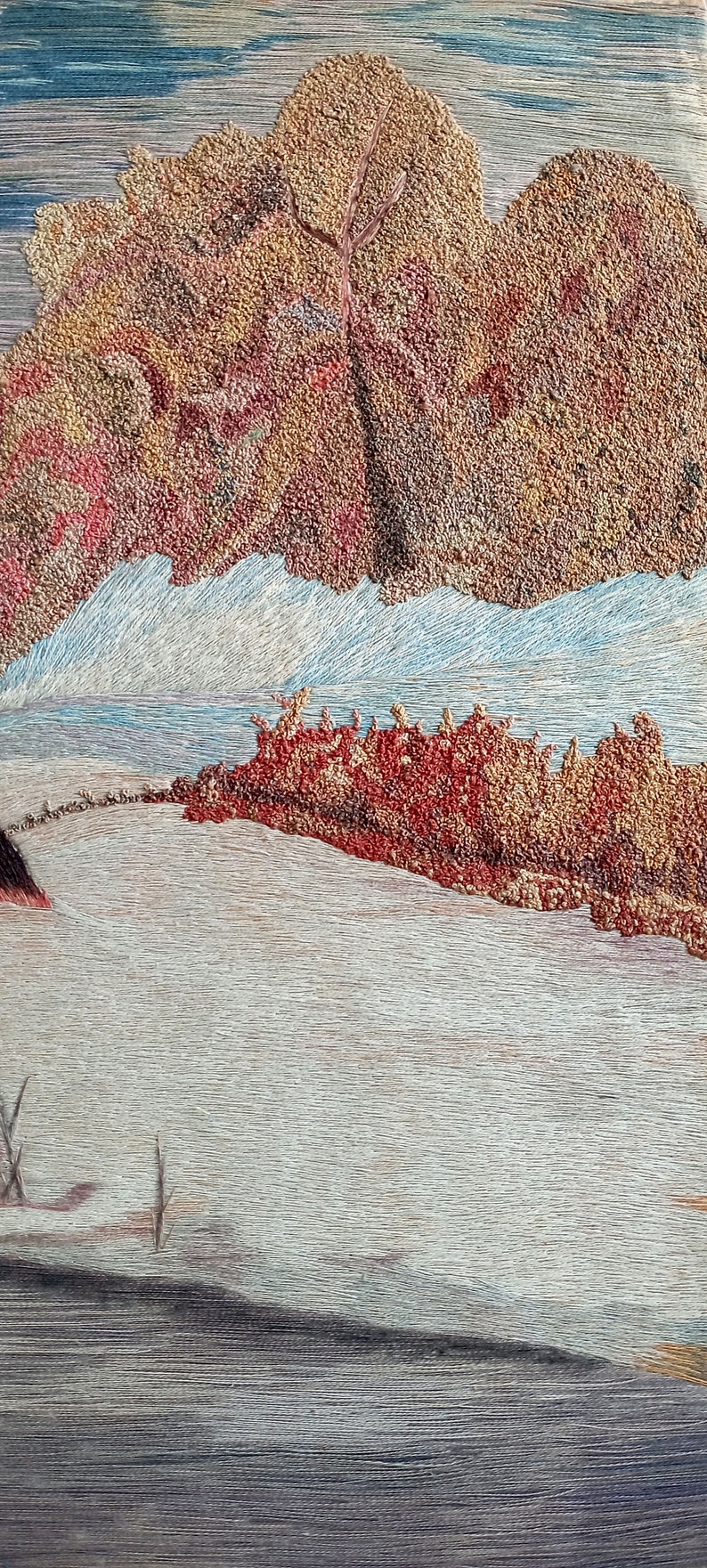 Vintage hand embroidered painting of winter landscape Wall decor 40s image 3