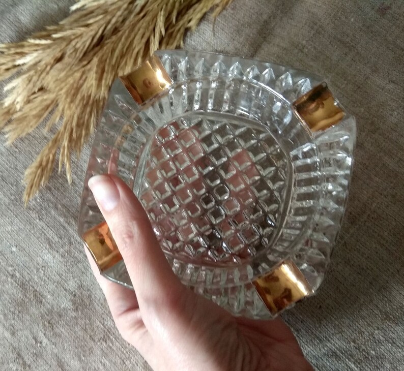 Vintage crystal square Gold ashtray Cut glass ashtrays gift to Etsy