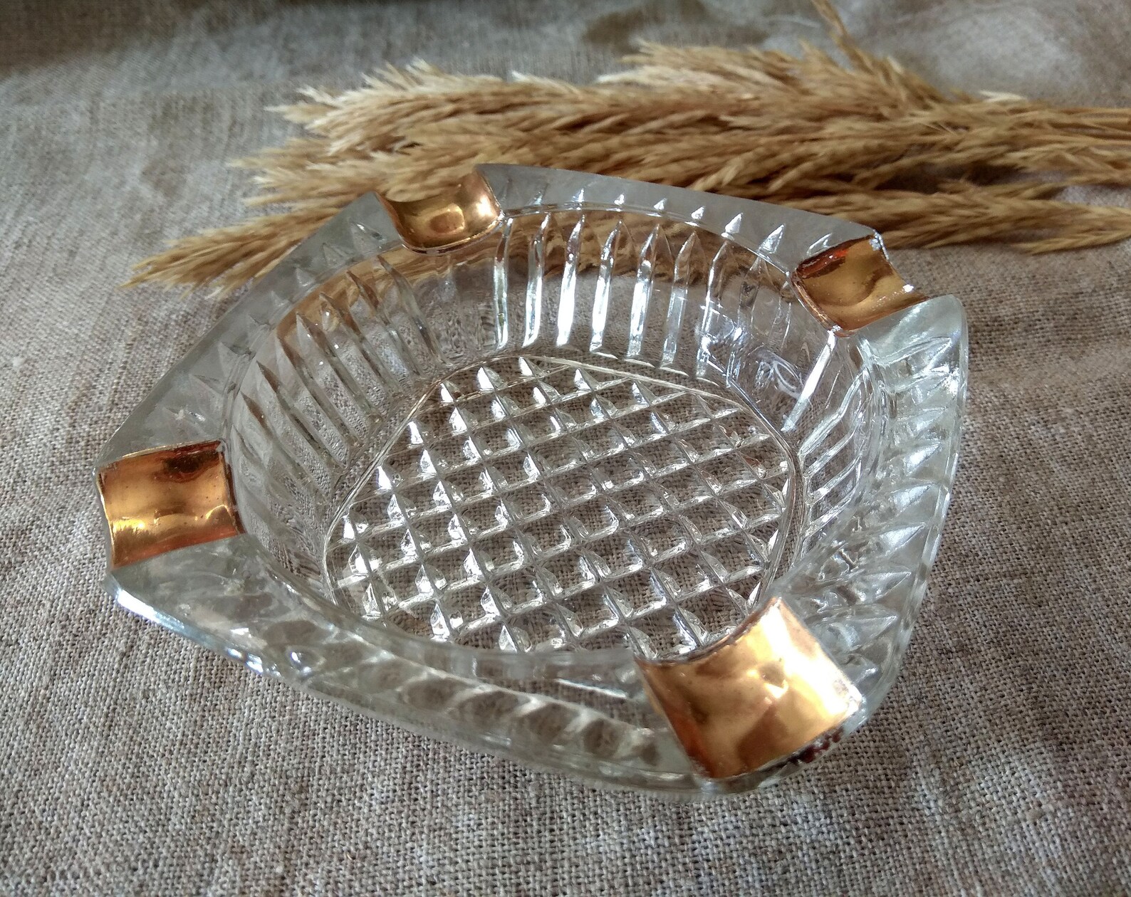 Vintage crystal square Gold ashtray Cut glass ashtrays gift to Etsy