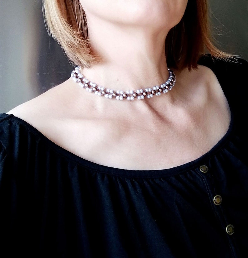 Beaded choker women's jewelry boho style 80s vintage lilac pearl beads elegant necklace original gift image 3