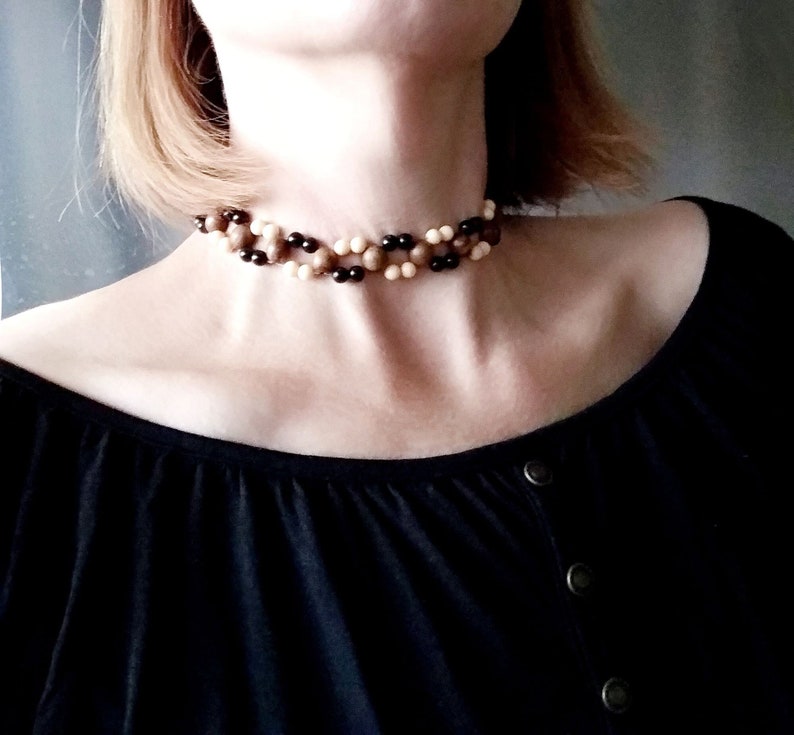 Beaded choker women's jewelry boho style 80s vintage brown wood beads elegant necklace original gift image 6