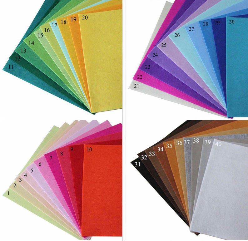 May include: A set of 40 felt sheets in various colors, numbered 1 through 40. The felt sheets are arranged in rows, with each row containing a different color.