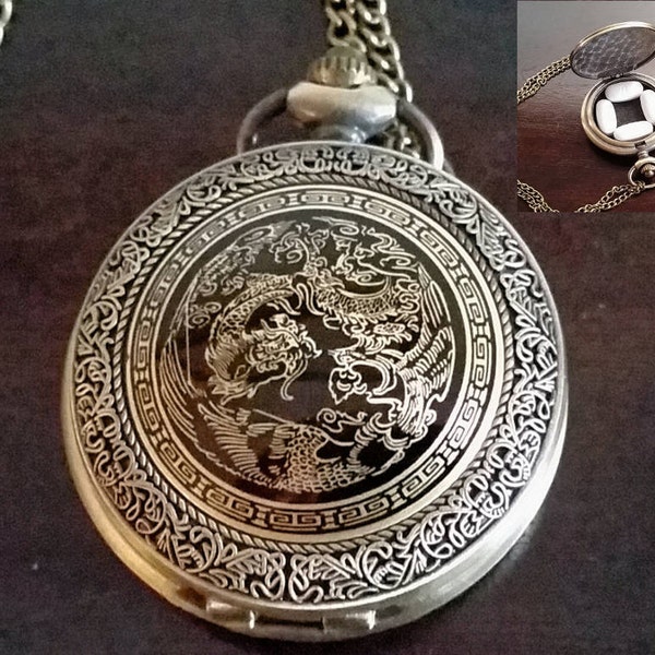 Gold Dragon Necklace Gift, Metal Pill Case For Purse, Poison Pill Box Container, Chinese Dragon Pendant Mint Tin with Felt Lining and Chain