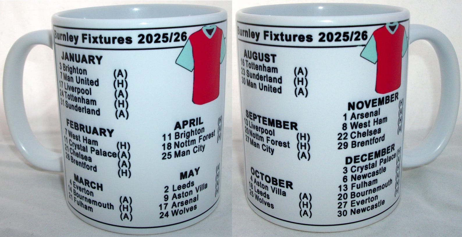 2025 2026 Burnley Football Fixtures Calendar Ceramic Coffee Tea Mug