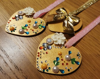 Étiquette à cadeau coeur en bois : décoration de Noël ornée d'or (Lot de 3)
