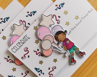 Carte d'anniversaire de fille faite main : ballons et patins à roulettes