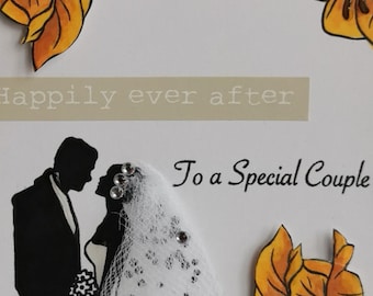 Carte de mariage faite main : voile de tulle, carte de couple florale (8 x 4)