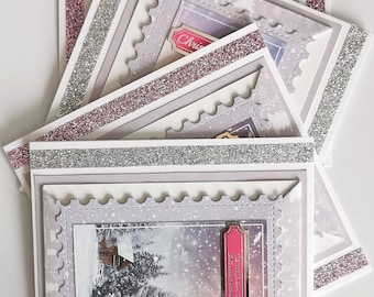 Cartes de Noël faites main : bordure scintillante, scène d'hiver (lot de 4)
