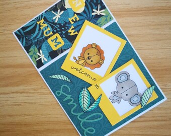 Carte faite main pour nouvelle maman, animaux de la jungle, bébé de bienvenue