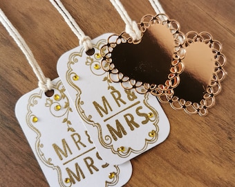 Etiquettes cadeaux pour Mr et Mme faites main : Etiquettes pour cadeaux de mariage en bronze