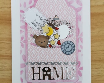 Carte de vœux faite main : ours en peluche, étoiles, lune