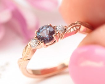 alexandrite engagement ring, leaf engagement ring, alternative engagement ring, nature inspired ring, rose gold ring, gemstone ring