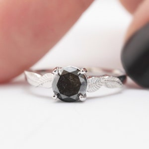 black diamond leaf engagement ring gold