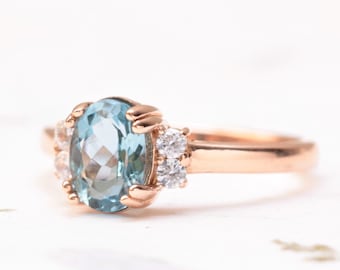 Aquamarine engagement ring, rose gold aquamarine ring, aquamarine and diamond engagement ring, Aquamarine ring, non diamond engagement ring