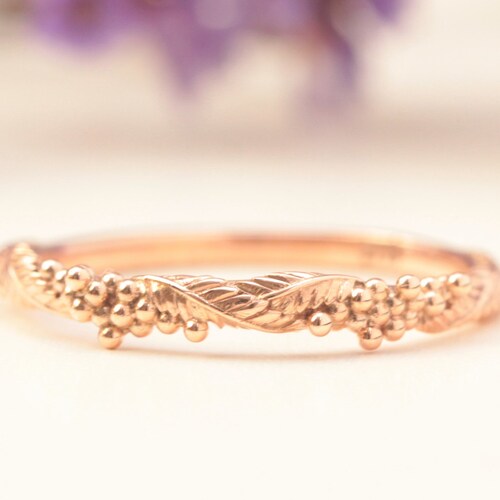 Gold Leaf Wedding Band 14k Gold Ring Leaf and Flower Bud Etsy