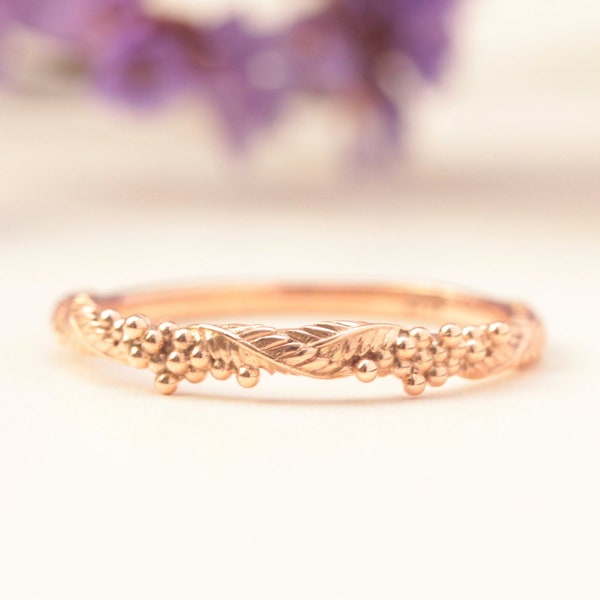 wattle ring, 14k rose gold leaf wedding ring, rose gold ring, solid gold leaf ring, leaf engagement ring, flower wedding band, laurel leaf