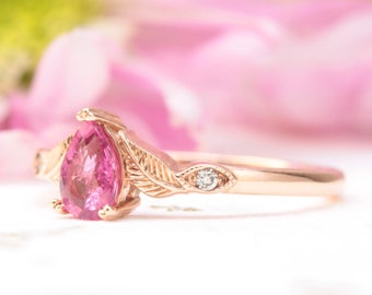 rubellite leaf engagement ring, alternative engagement ring, rose gold ring, unique engagement ring, nature inspired ring, leaf ring