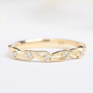 diamond leaf wedding band, solid rose gold leaf ring, leaf engagement ring gift for her, nature inspired ring anniversary gift, vine ring