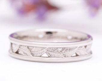 14k white gold gents leaf eternity wedding ring, leaf wedding band, solid gold leaf ring, leaf engagement ring, flower wedding band