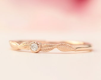 14k rose gold leaf ring, diamond gold birthstone ring, gemstone anniversary gift, stacking ring, solid gold leaf ring, laurel leaf,