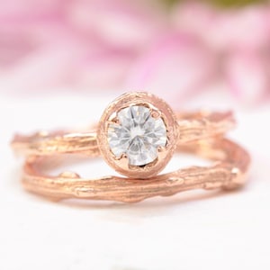 twig engagement ring set, moissanite engagement ring, leaf engagement ring, rose gold ring, unique engagement ring, branch engagement ring