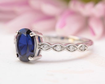 blue sapphire diamond engagement ring, blue gemstone engagement ring, white gold ring, september birthstone, vintage ring, marquise shape