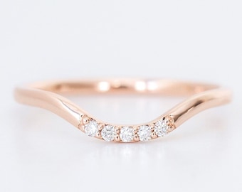 14k gold diamond curved wedding band, thin wedding band, solid gold chevron wedding band, rose gold ring, promise ring, nesting ring