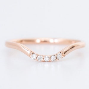 14k gold diamond curved wedding band, thin wedding band, solid gold chevron wedding band, rose gold ring, promise ring, nesting ring