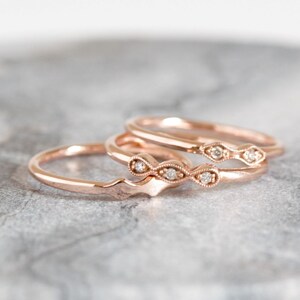 antique style wedding band set, rose gold rings, wedding ring set, thin gold rings, dainty rings, delicate rings, 14k rose gold rings