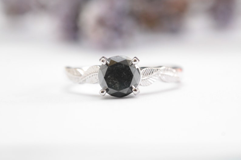 black diamond leaf engagement ring gold