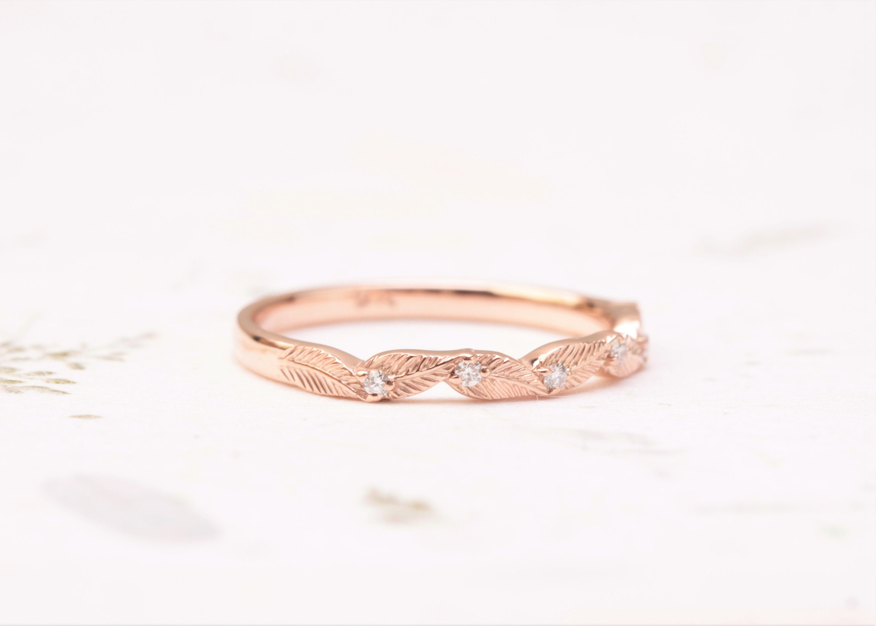 Diamond Leaf Wedding Ring Rose Gold Ring Solid Gold Leaf Etsy