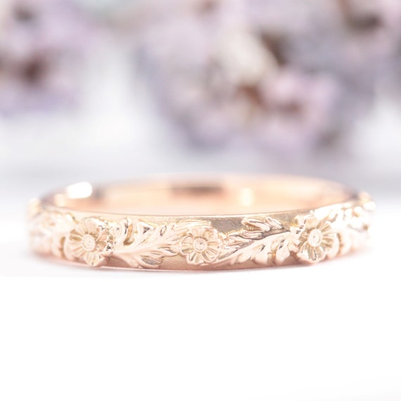 18k Rose Gold Eternity Wedding Band Filigree Leaf Diamond Rings