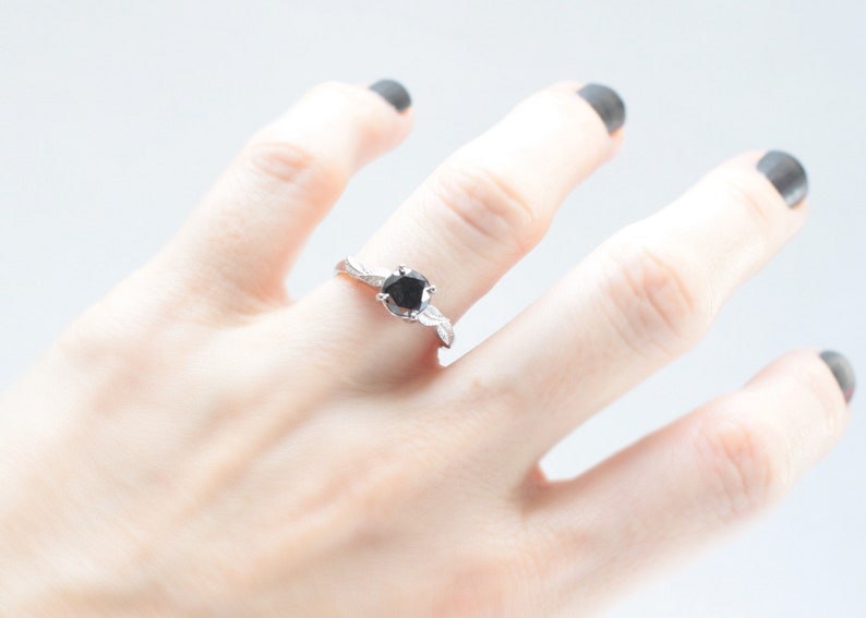 black diamond leaf engagement ring gold