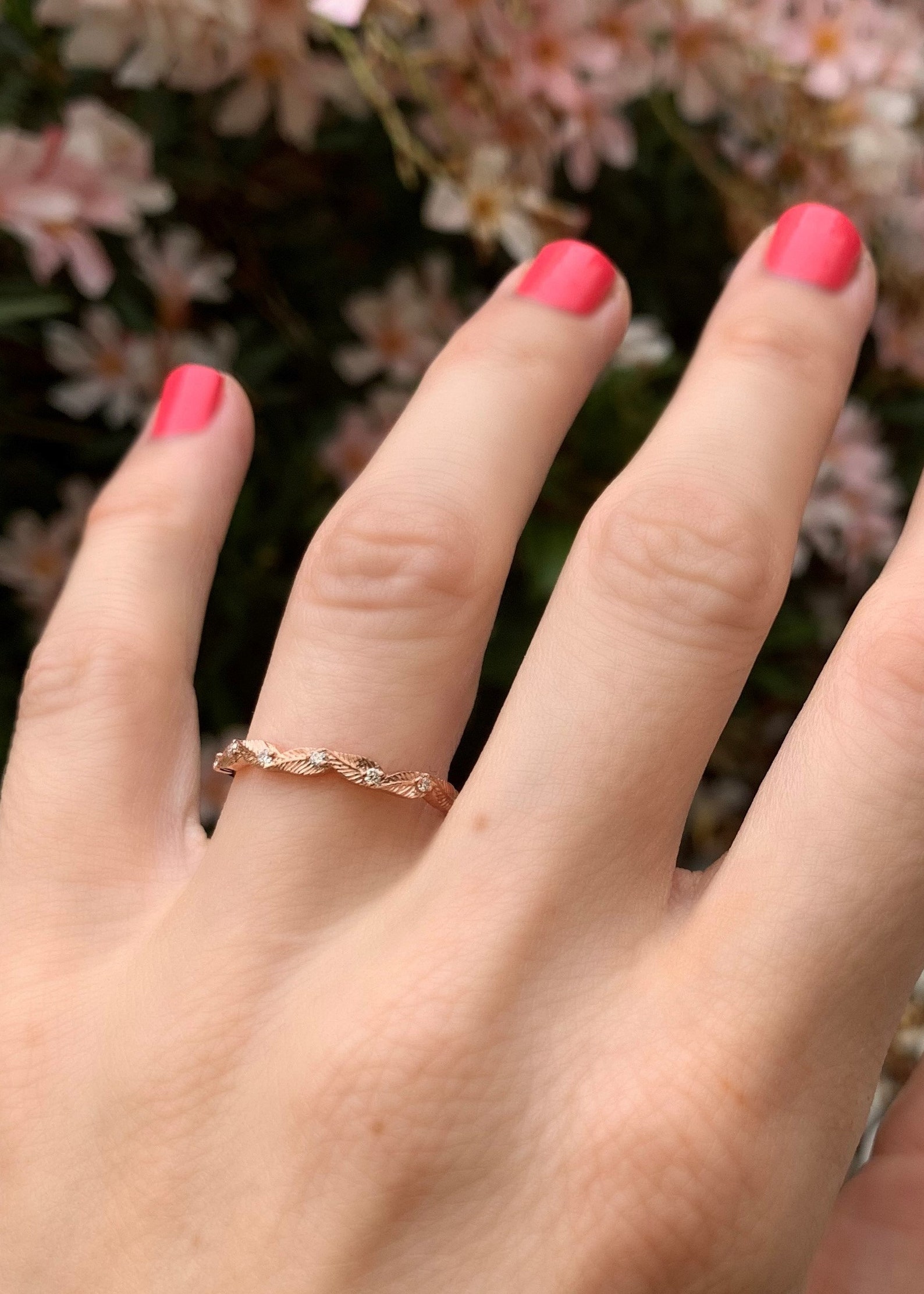 Diamond Leaf Wedding Ring Rose Gold Ring Solid Gold Leaf Etsy