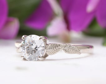 Moissanite leaf engagement ring, moissanite engagement ring, nature inspired ring, unique engagement ring, alternative engagement ring