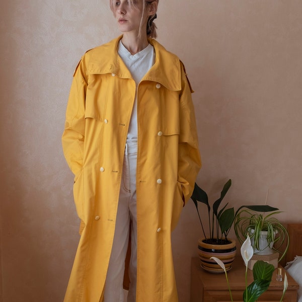 Fitwell Amsterdam Mustard Yellow Overcoat. 80s Raincoat Midi Length. Belted Trenchcoat. Nino Flex Yellow Coat Size 38 eu