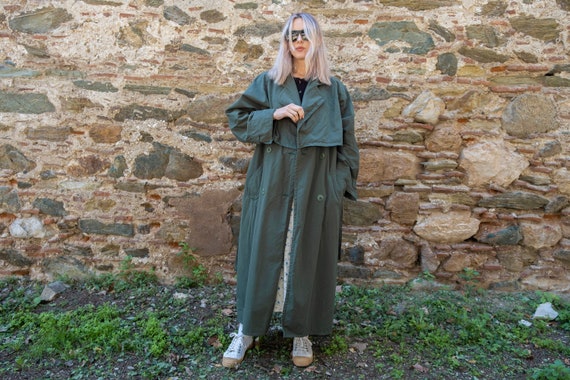 Vintage Maxi Trench Coat in Dark Green. Cotton Be… - image 3