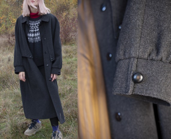Vintage Wool Maxi Coat in Anthracite. 80s Dark Gre