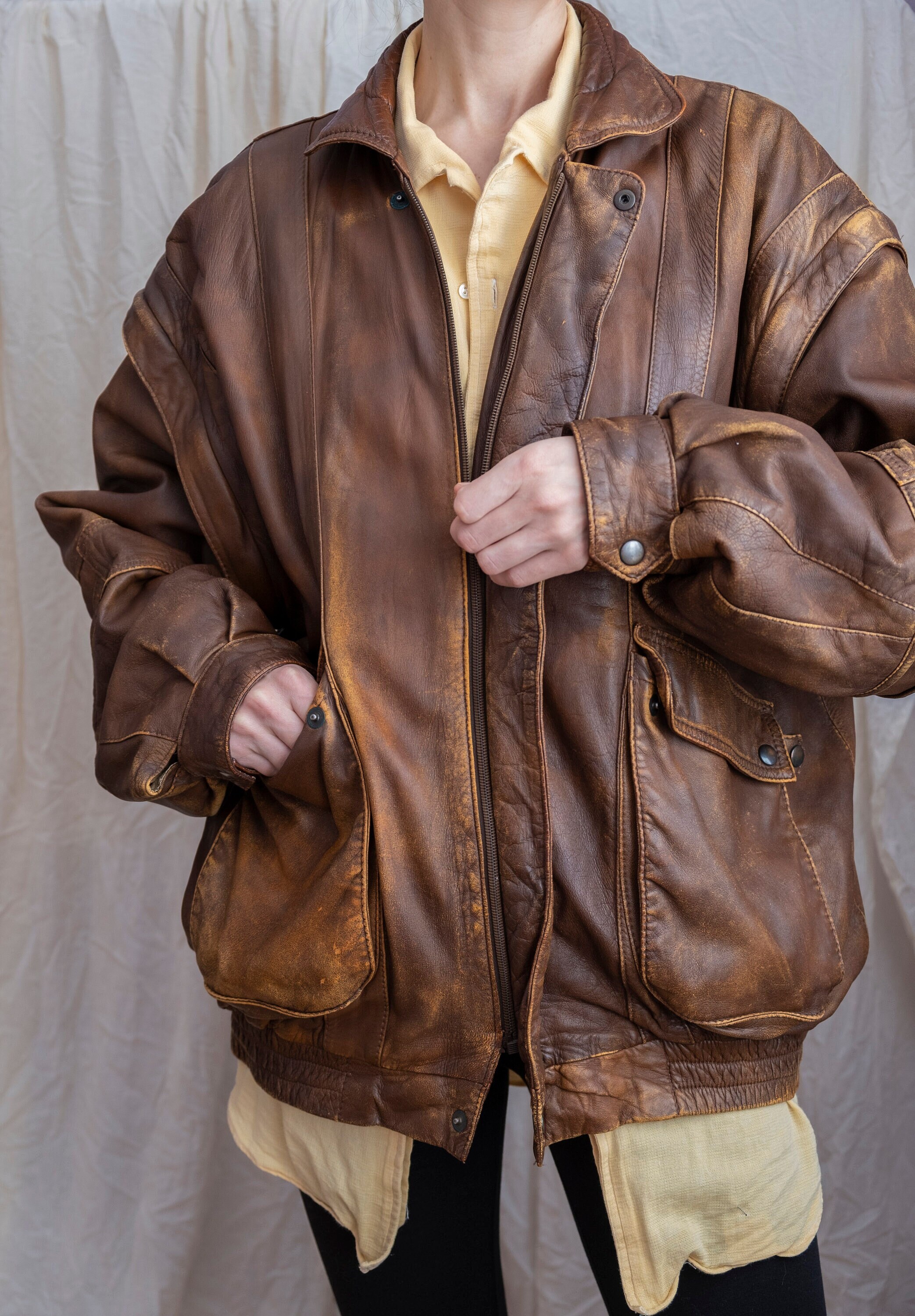 Vintage 80s Washed Leather Bomber Jacket in Brown. Soft Genuine 