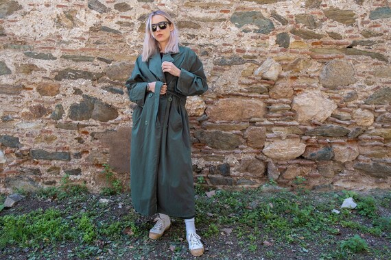 Vintage Maxi Trench Coat in Dark Green. Cotton Be… - image 1