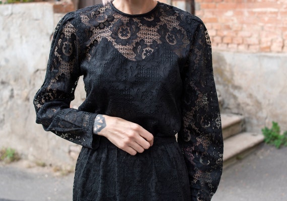 Vintage 80s 90s Lace Top Skirt Set. Lace Long Sleeve Blouse. Black