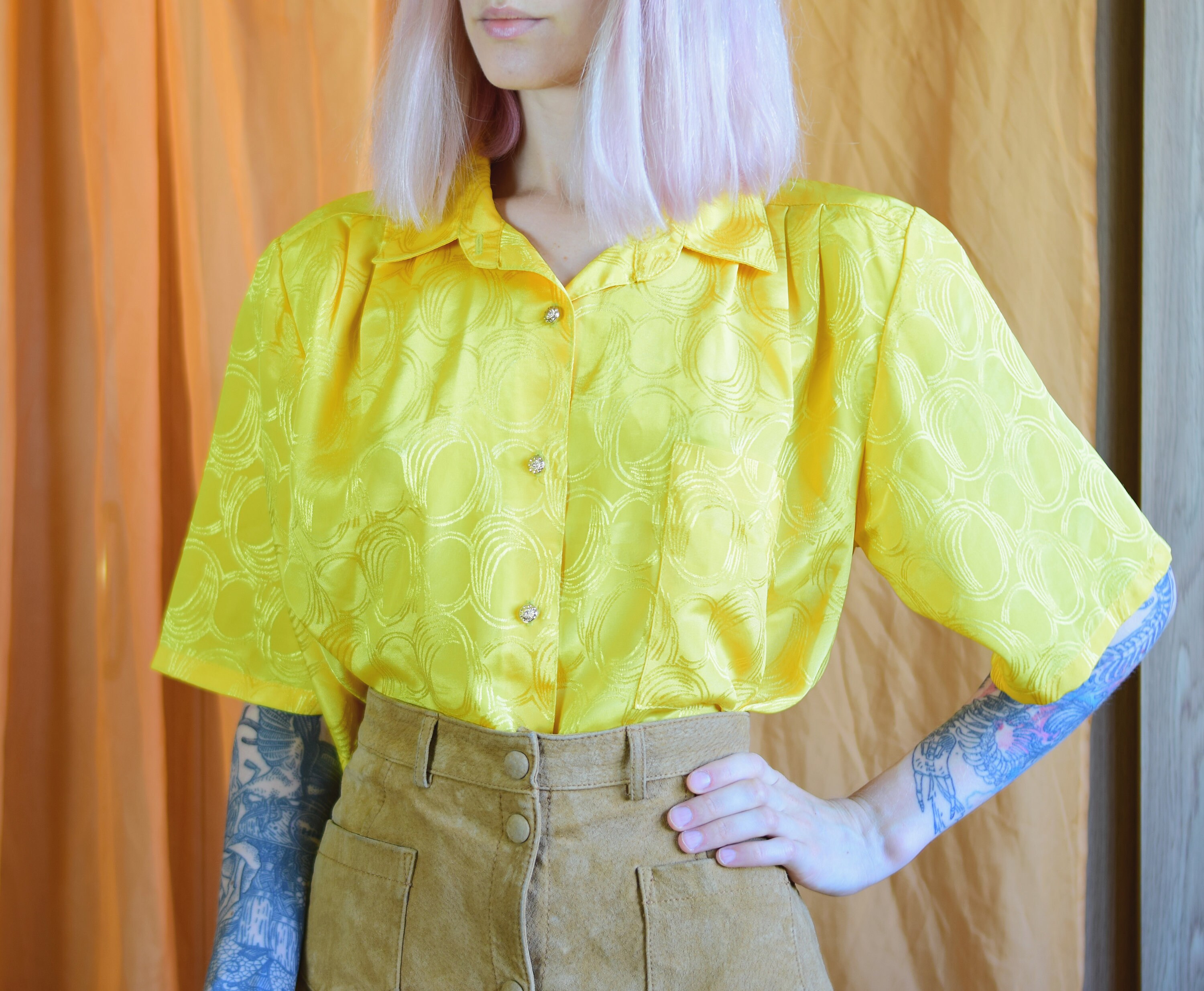 Vintage 80s Blouse With Short Sleeves. Button Front Yellow