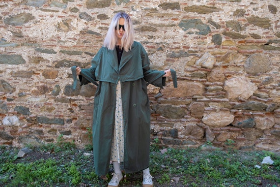 Vintage Maxi Trench Coat in Dark Green. Cotton Be… - image 4