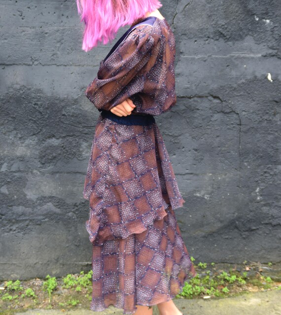 Vintage 80s Chiffon Transparent Dress. Midi Dress With Long 
