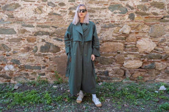 Vintage Maxi Trench Coat in Dark Green. Cotton Be… - image 2